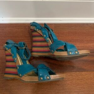 Teal leather wedges
